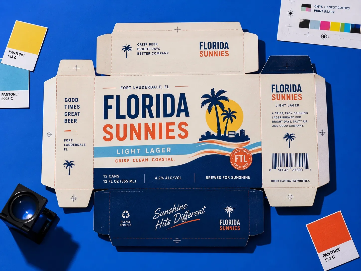 A folding carton dieline laid out with Pantone chips, a CMYK and two-spot control bar, registration marks and a loupe