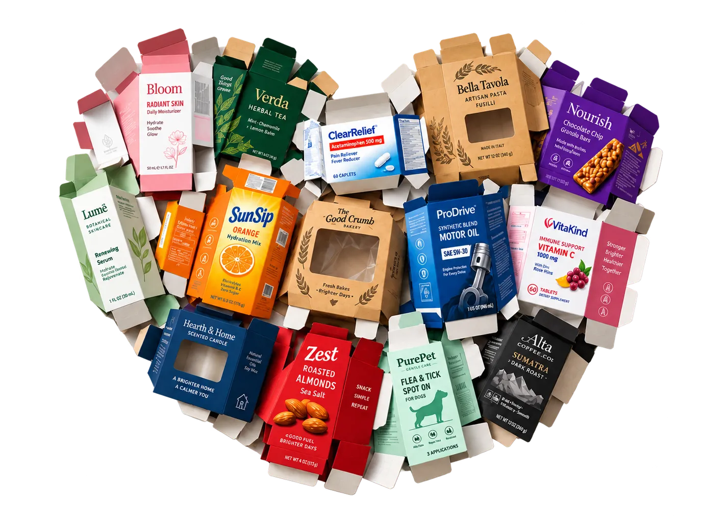 Unfolded folding cartons for a range of products, laid out in the shape of a heart
